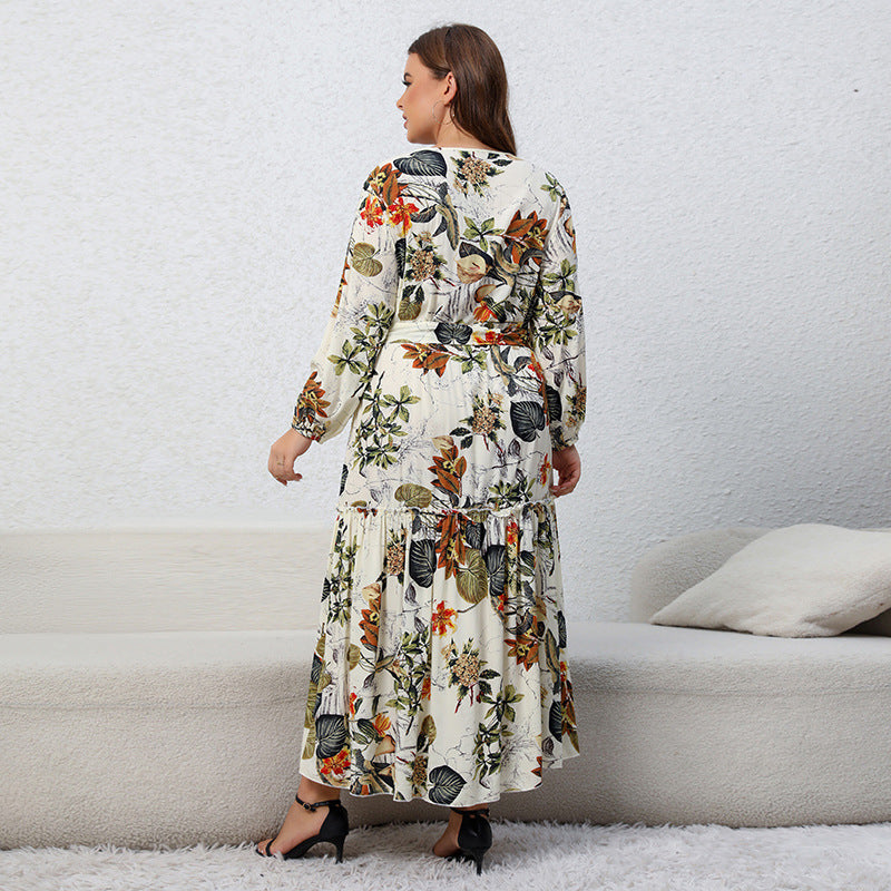 Plus Size Dress Printed V neck Long Sleeve Floral Dress