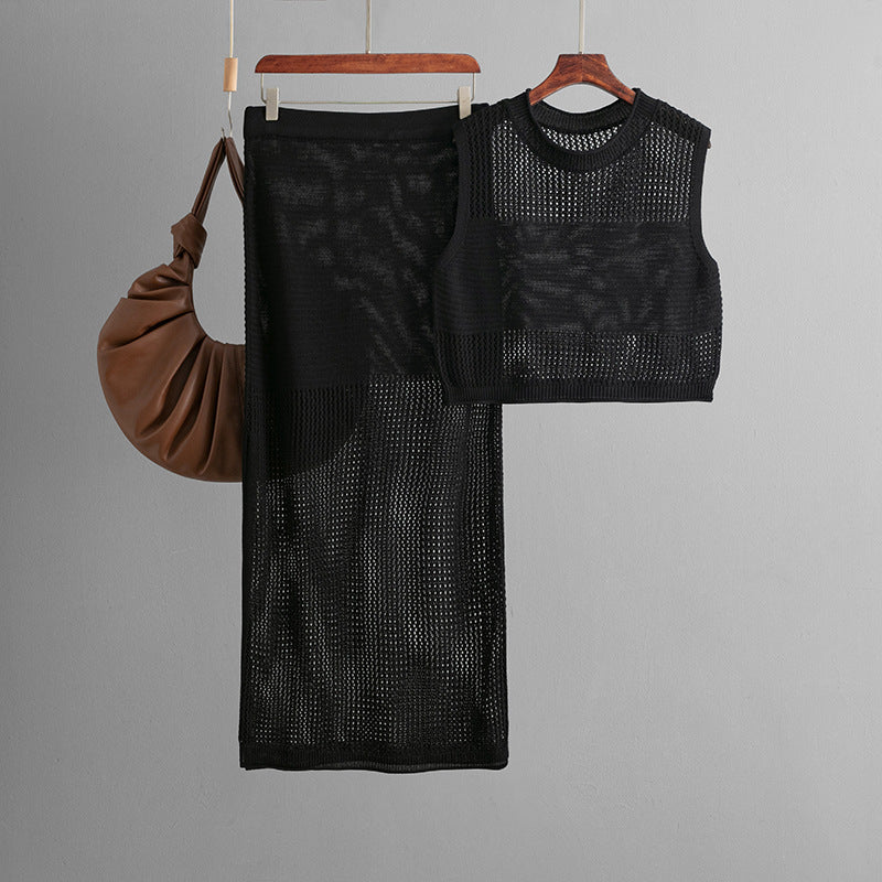 Slim Hollow Out Cutout Sleeveless Vest Summer Knitted Slit Skirt Two Piece Set