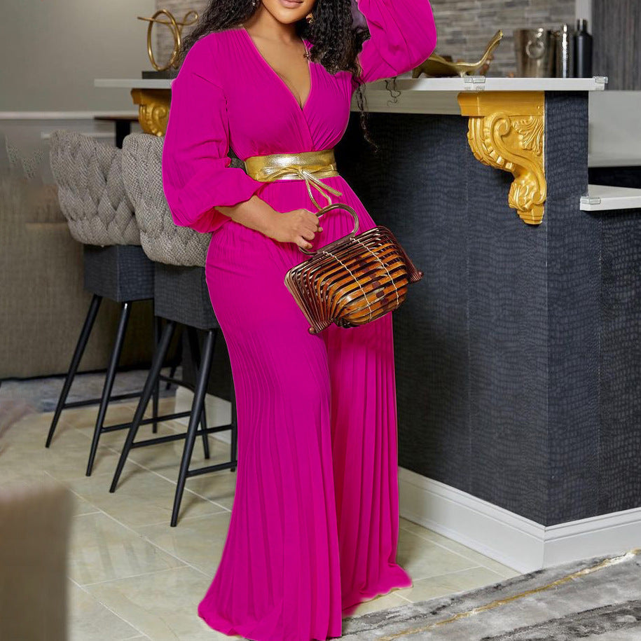 Summer V neck Pleated Wide Leg Jumpsuit
