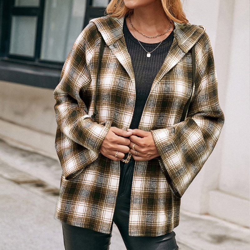 Checked Plaid Hooded Shirt Jacket