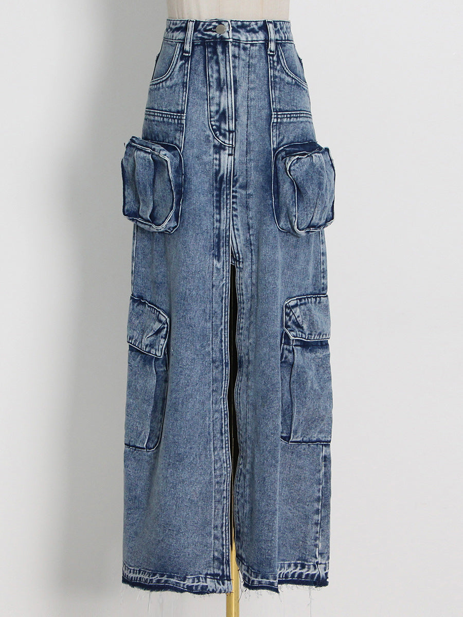 Anita Sexy Long Front Slit Denim Skirt