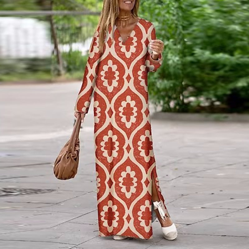 Geometric Print Split Maxi Casual Dress