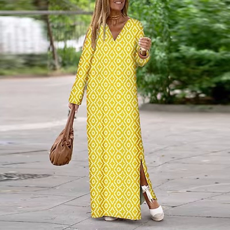 Geometric Print Split Maxi Casual Dress