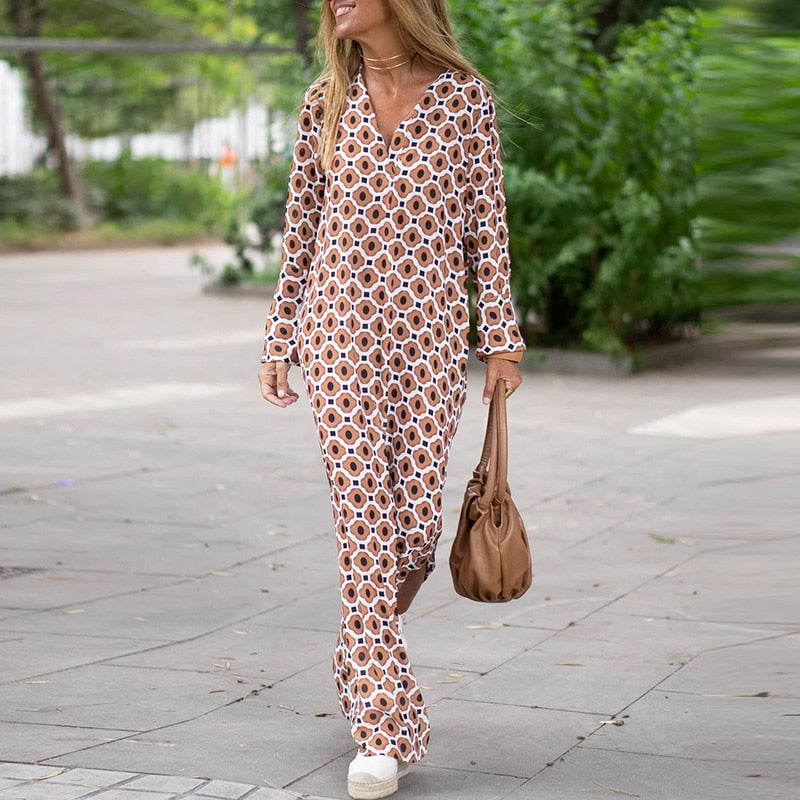 Geometric Print Split Maxi Casual Dress