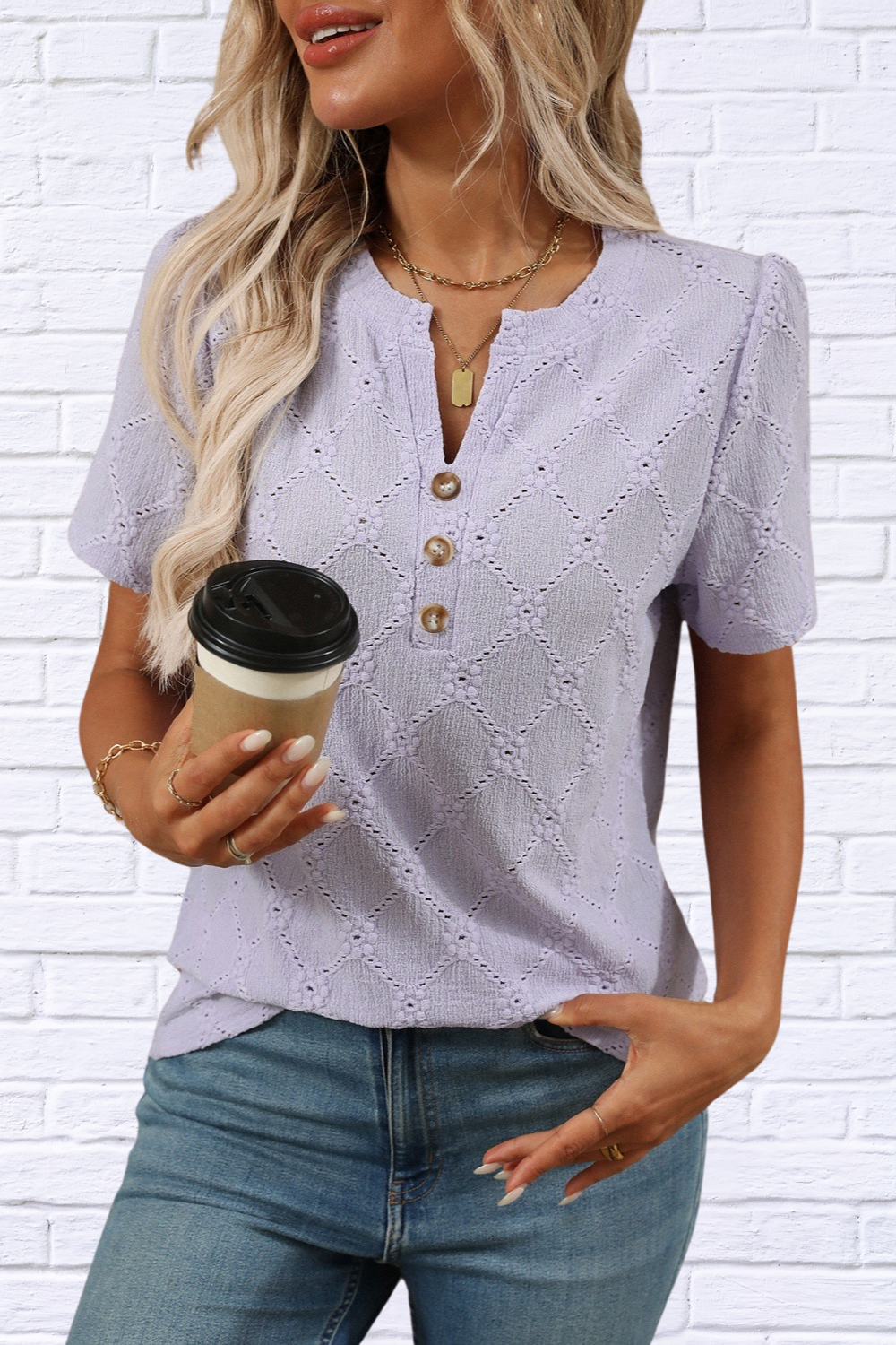 Eyelet Notched Short Sleeve Top