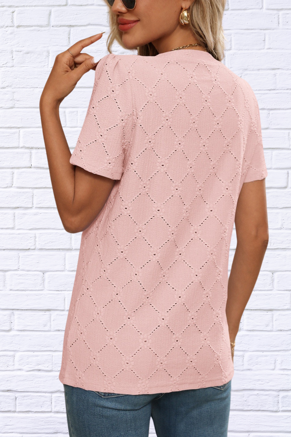 Eyelet Notched Short Sleeve Top