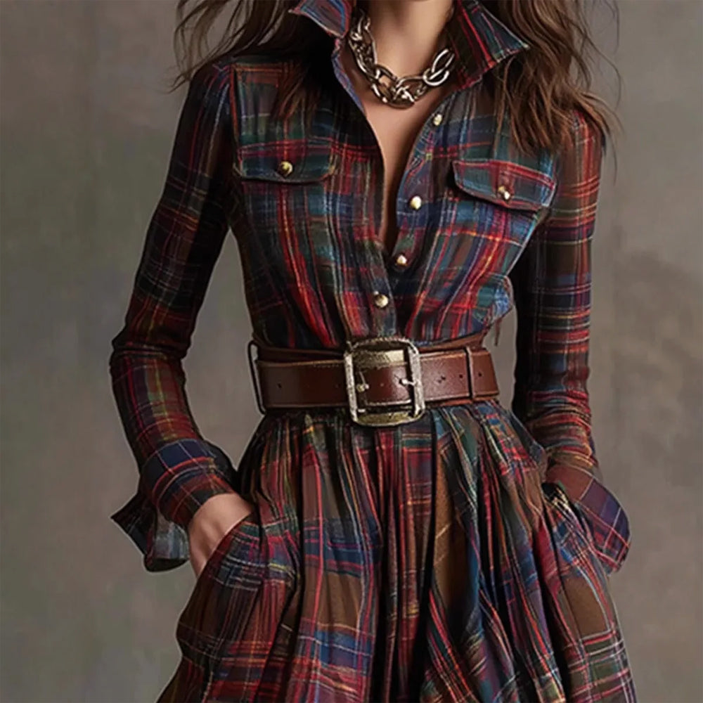Vintage Plaid Long Maxi Shirt Dress