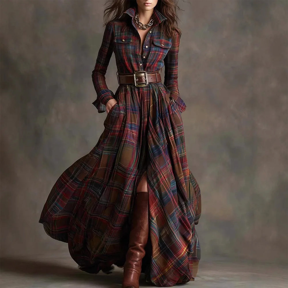 Vintage Plaid Long Maxi Shirt Dress