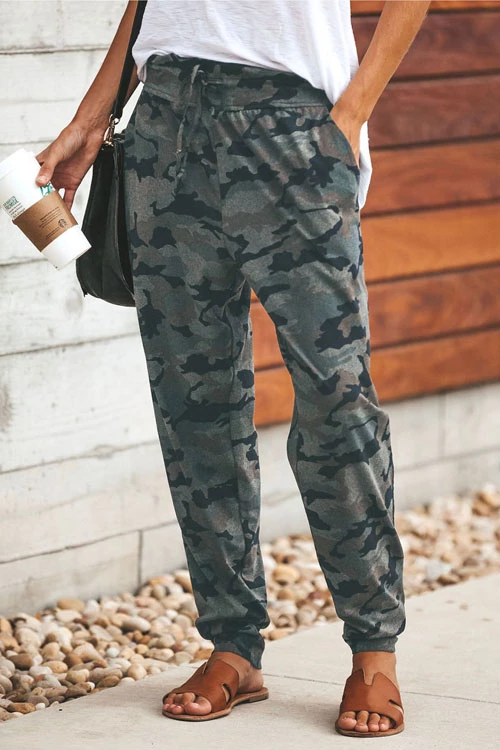 High Waist Drawstring Camo Casual Pants Camo