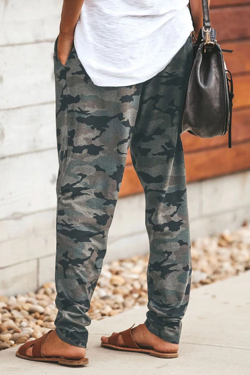 High Waist Drawstring Camo Casual Pants