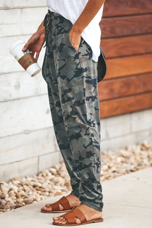 High Waist Drawstring Camo Casual Pants