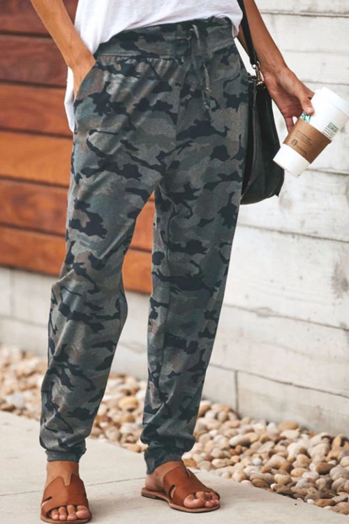 High Waist Drawstring Camo Casual Pants