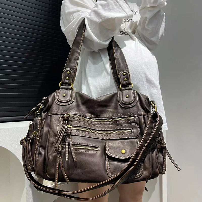 Women’s Casual Faux Leather Shoulder Bag with Multiple Pockets