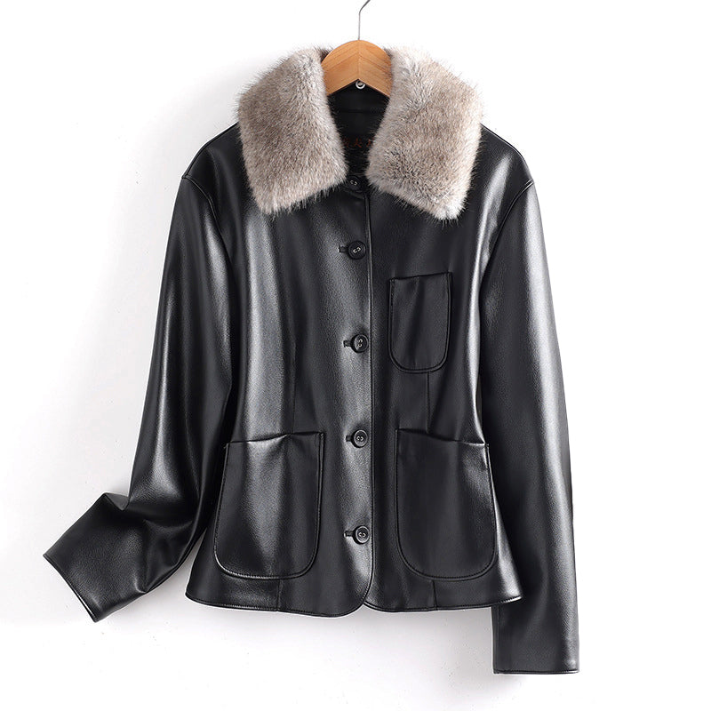 Women’s Fur Collared Leather Jacket with Patch Pockets