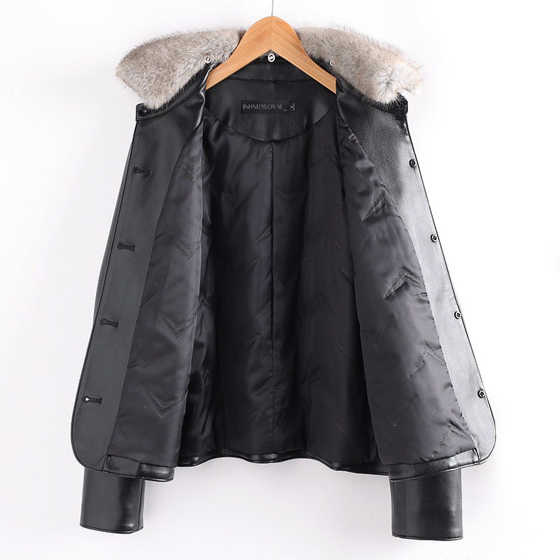 Women’s Fur Collared Leather Jacket with Patch Pockets