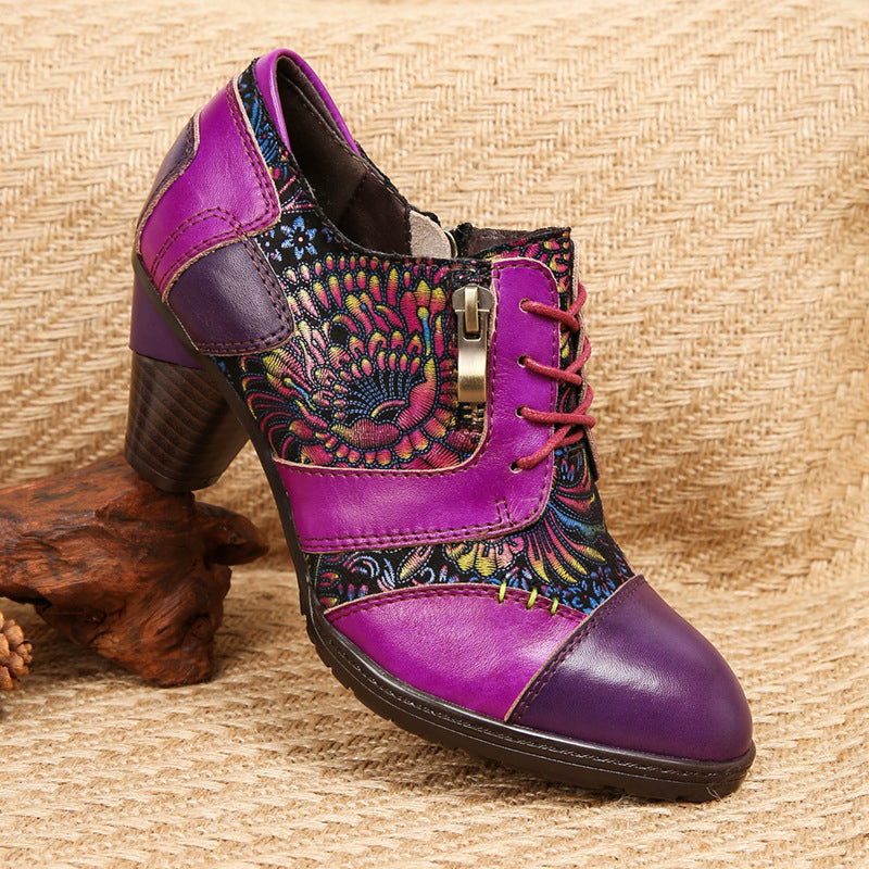 Women's Genuine Leather Heels with Floral Patchwork Panels