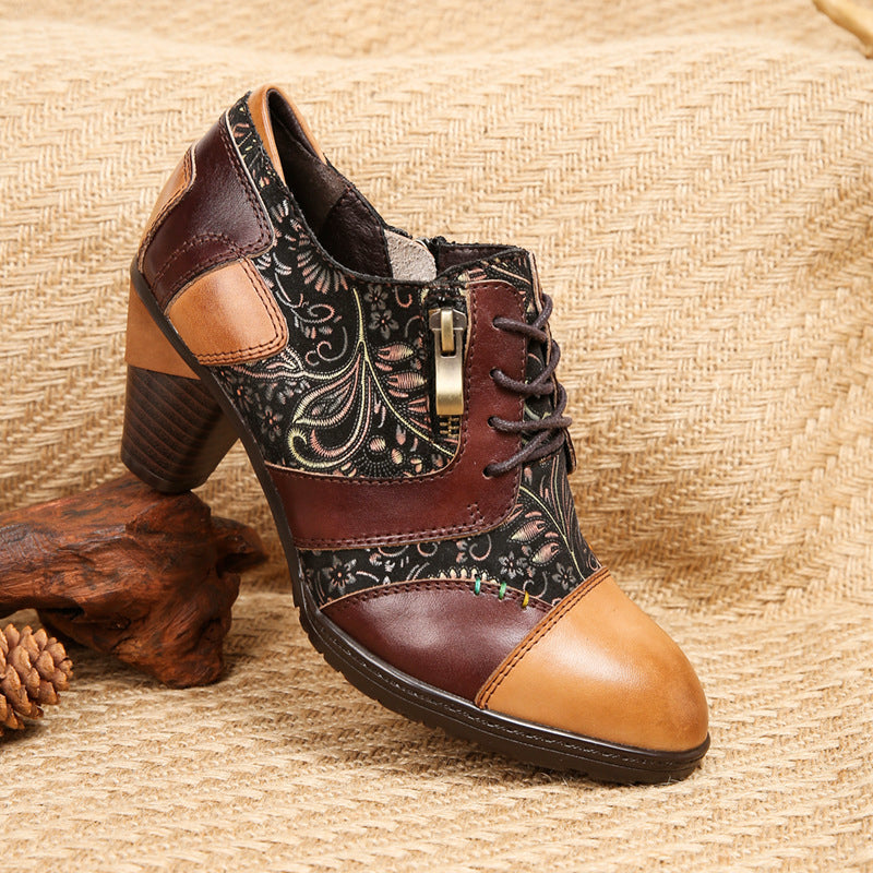 Women's Genuine Leather Heels with Floral Patchwork Panels