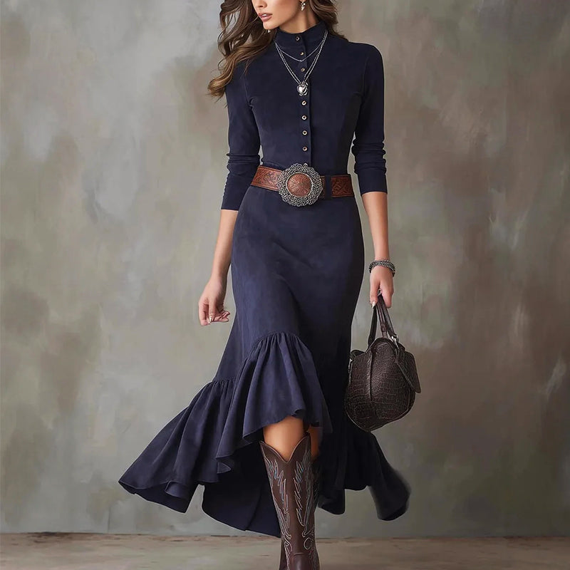 Women’s High-Collar Maxi Dress with Flared Hem