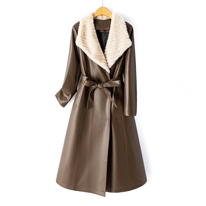 Women’s Long Faux Leather Coat with Down Lining