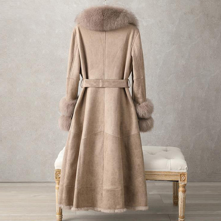 Women’s Vintage-Inspired Full-Length Coat with Faux Fur Trim
