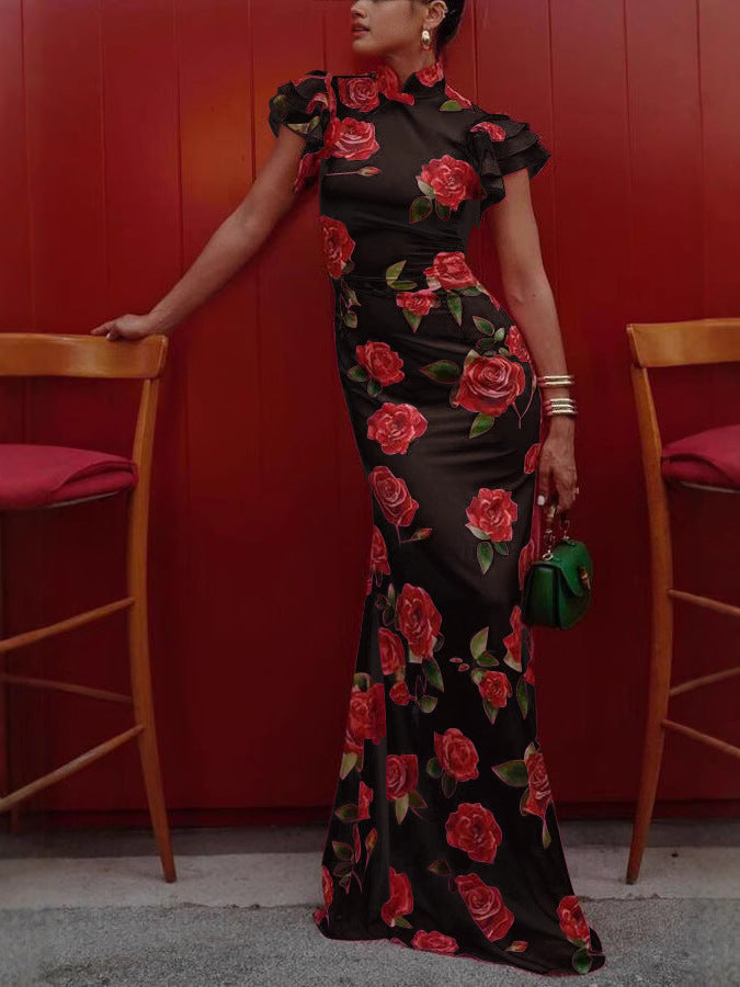 Cheongsam Style Rose Floral Print Tiered Flare Sleeve Stretch Maxi Dress
