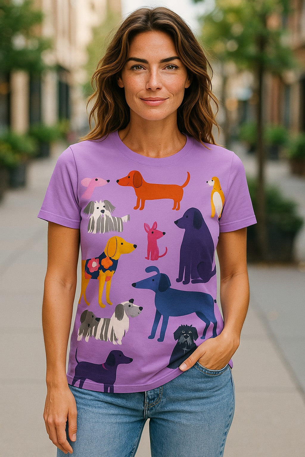 Animal Print Dog Pattern Casual Short Sleeve T-Shirt – Light Purple Fun for Summer!