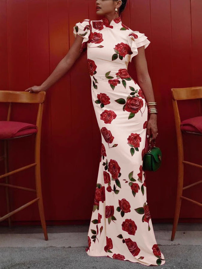 Cheongsam Style Rose Floral Print Tiered Flare Sleeve Stretch Maxi Dress