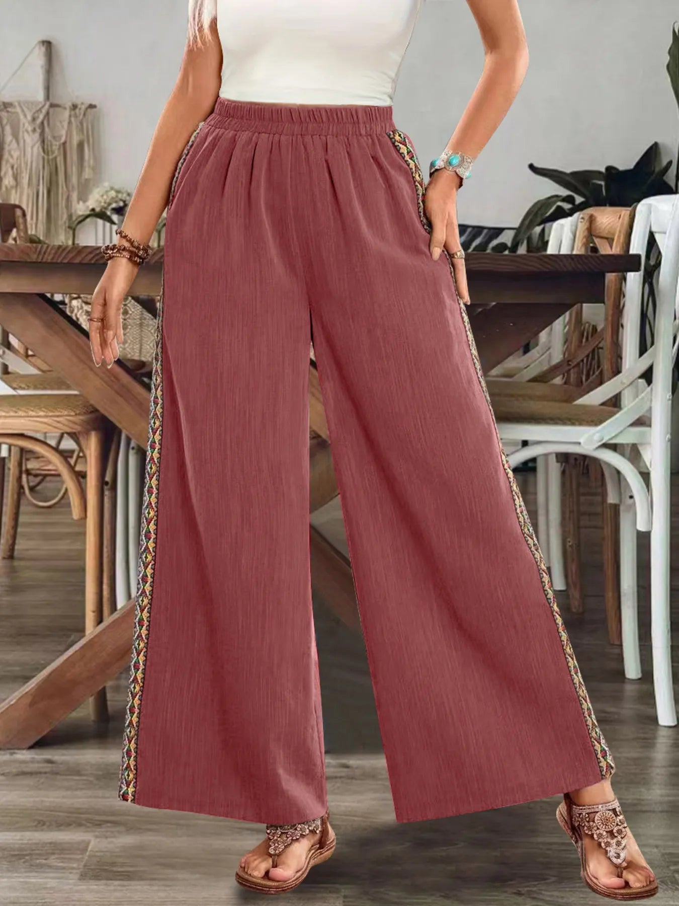 Bohemian Wide Leg Embroidered Side Stripe Pants