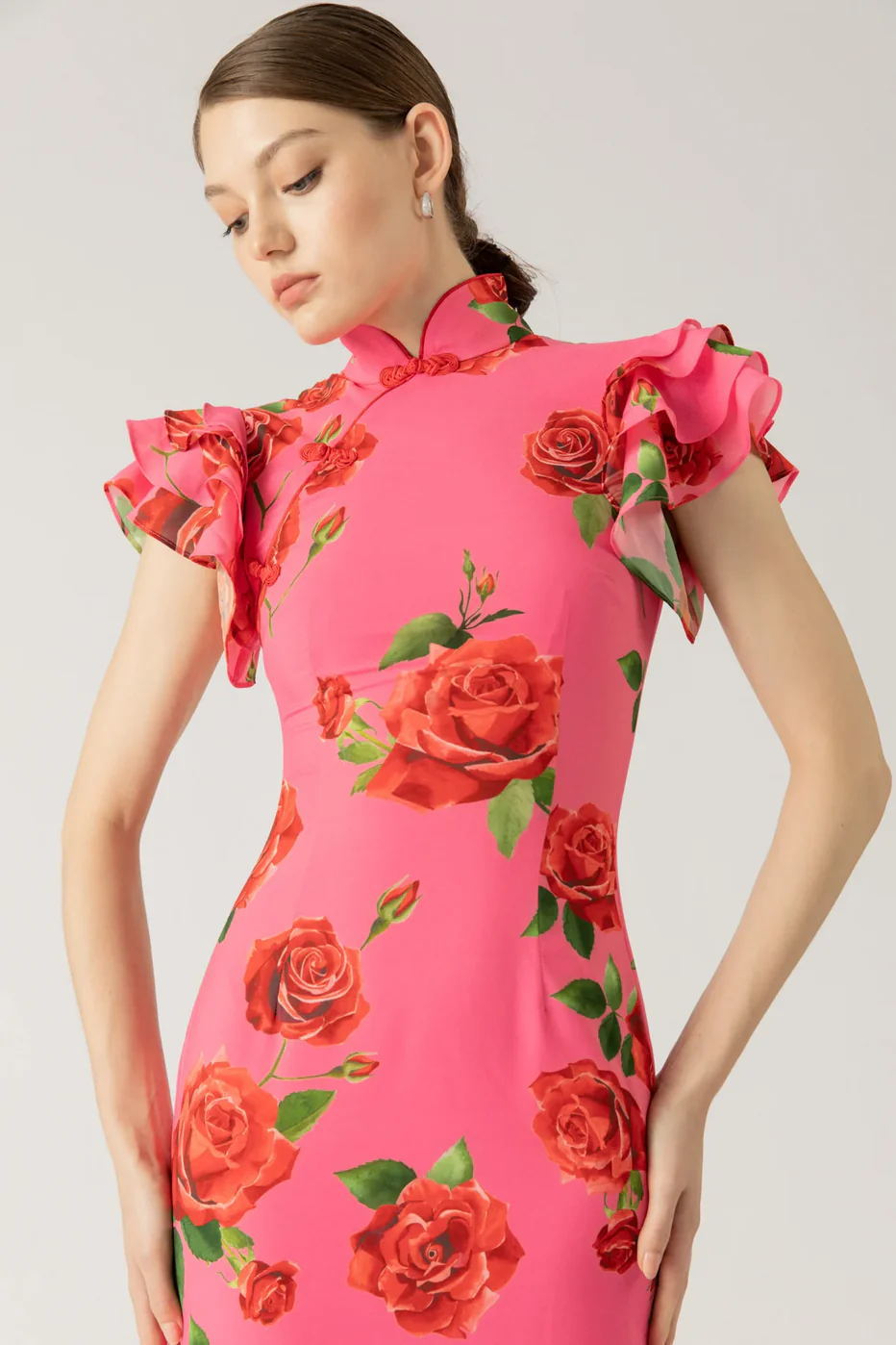 Cheongsam Style Rose Floral Print Tiered Flare Sleeve Stretch Maxi Dress