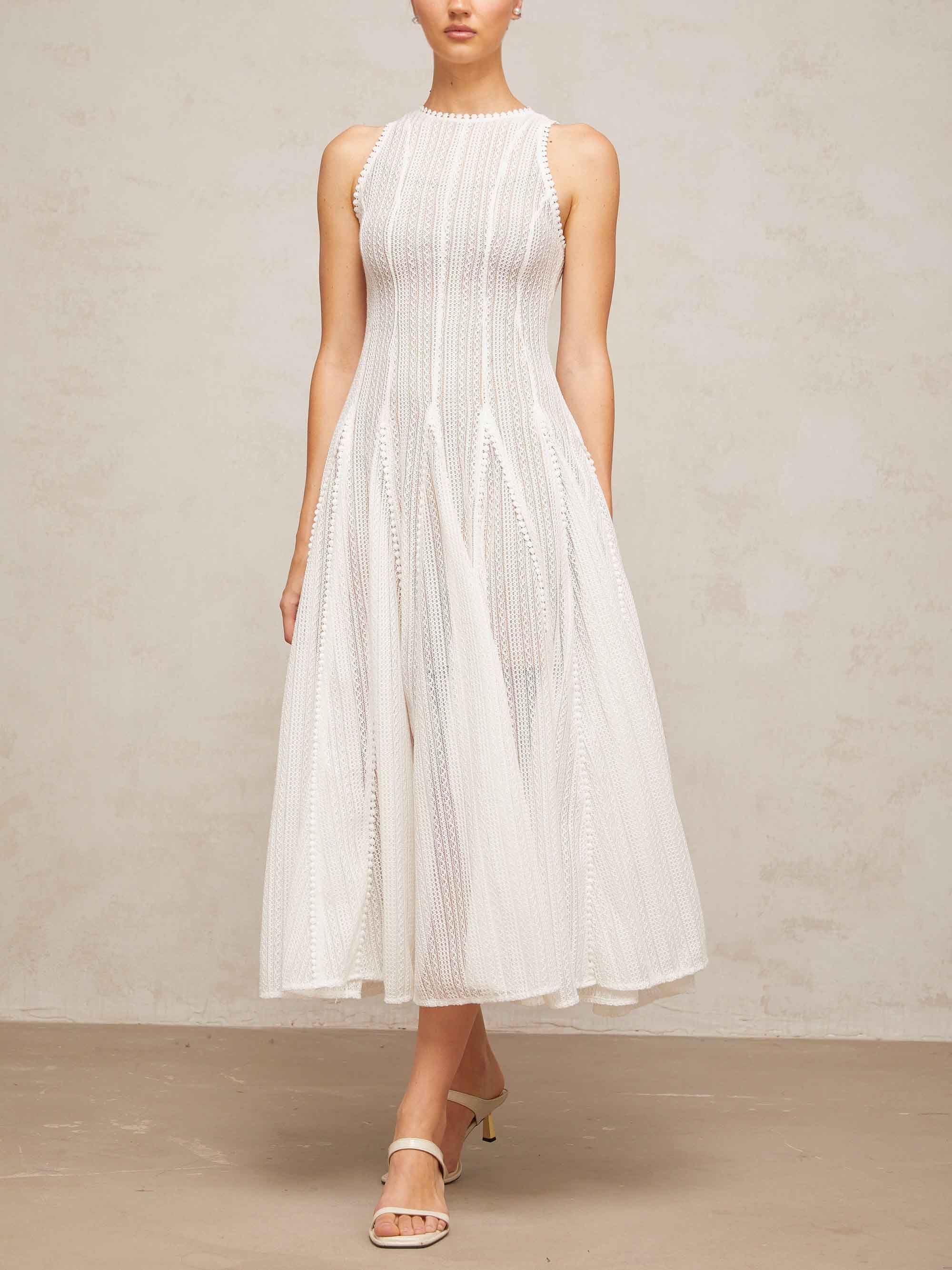 Elegant Hollow Lace Slim Sleeveless Swing Midi Dress