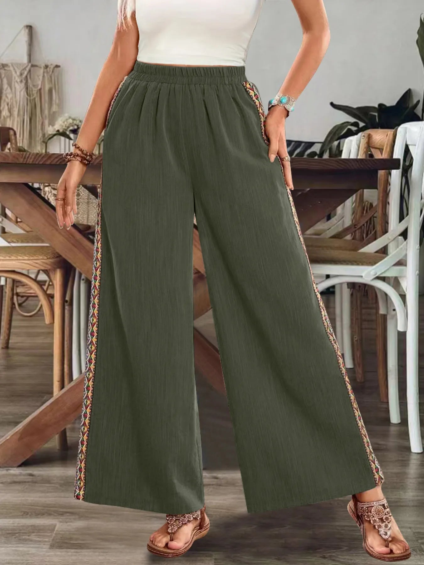Bohemian Wide Leg Embroidered Side Stripe Pants